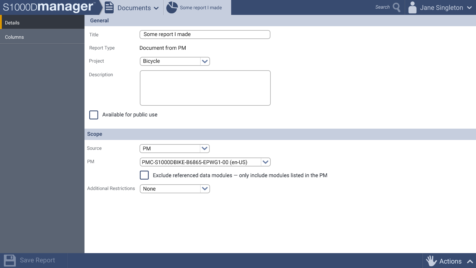 Create Report screen for a Publication Module